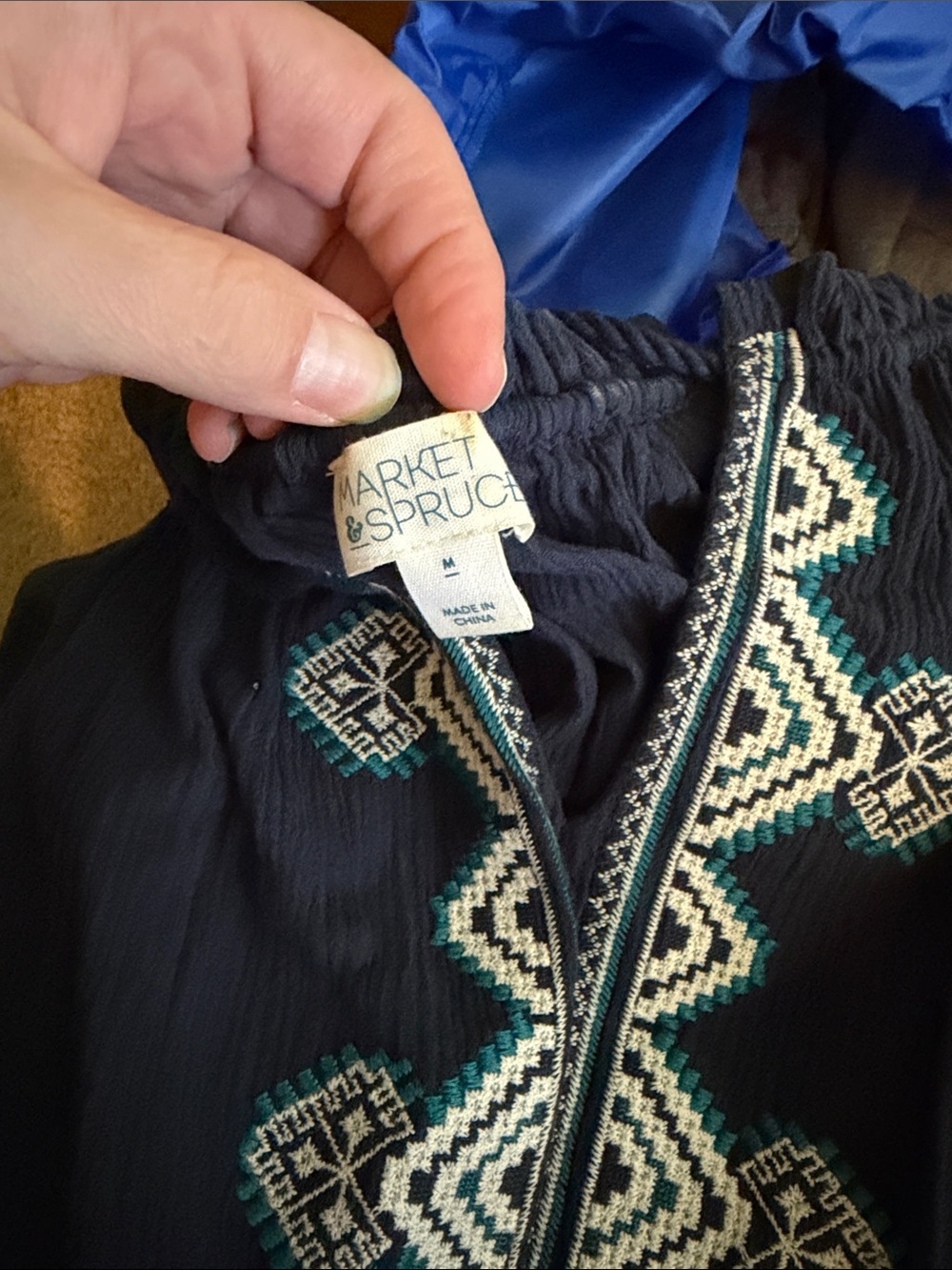 Market & Spruce Navy Top with White and Teal Embroidery (M)